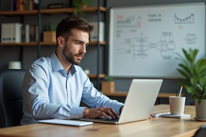 developpeur-blockchain-bureau Jeune homme concentré travaillant sur un code blockchain dans un bureau