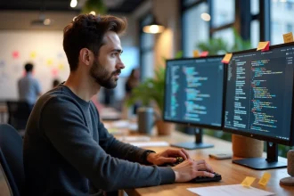 Développeur logiciel concentré travaillant sur des fonctionnalités d'une application devant un écran de code et un tableau kanban