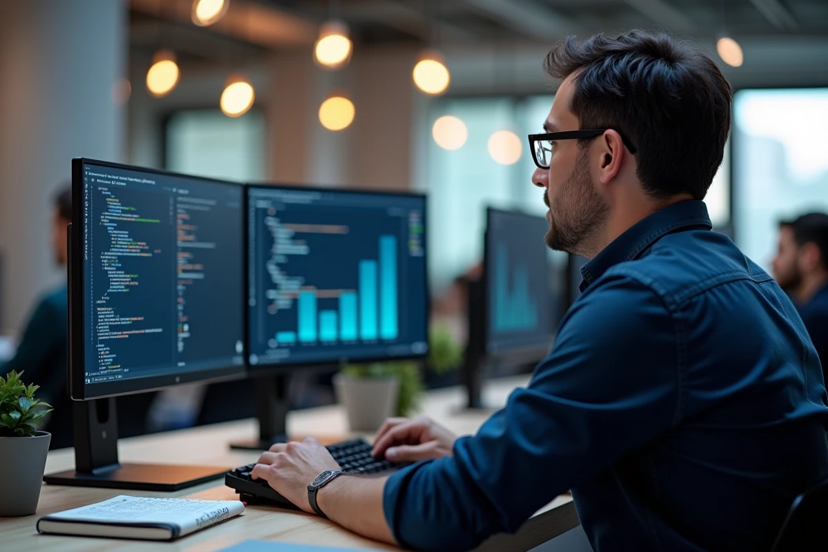 Développeur web analysant les performances de navigateurs sur double écran dans un bureau professionnel moderne