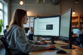 Développeuse web analysant l'affichage d'une popup sur un écran d'ordinateur dans un bureau moderne