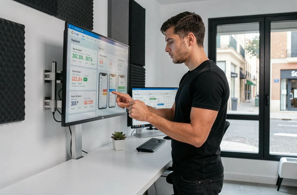 Développeur masculin analysant les performances mobile-first et les métriques de vitesse de page sur un rig d'émulateur smartphone pour Digital First Aix-en-Provence