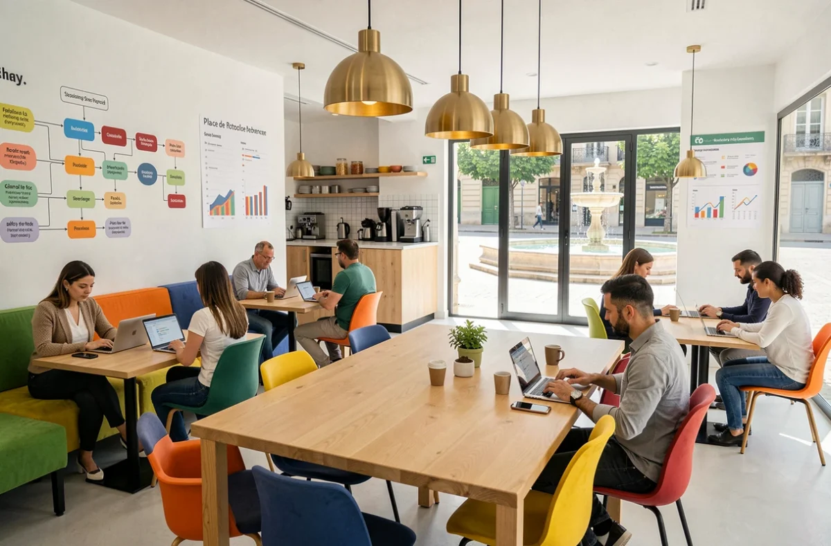 Hub coworking multidisciplinaire animé à Aix-en-Provence avec professionnels du numérique travaillant ensemble dans un espace moderne au Digital Hub