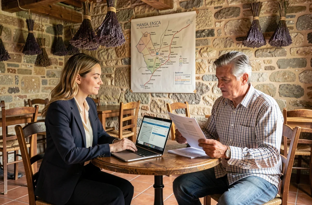 Consultante SEO féminine présentant un rapport de référencement local à un chef d'entreprise d'une ville moyenne de PACA dans un espace provençal chaleureux pour Digitori