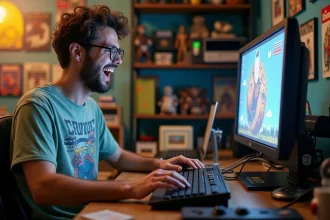 Jeune homme geek amusé devant son écran découvrant l'easter egg Do a Barrel Roll sur Google