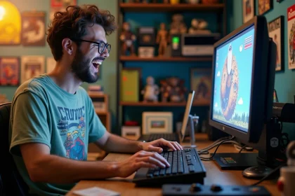 Jeune homme geek amusé devant son écran découvrant l'easter egg Do a Barrel Roll sur Google