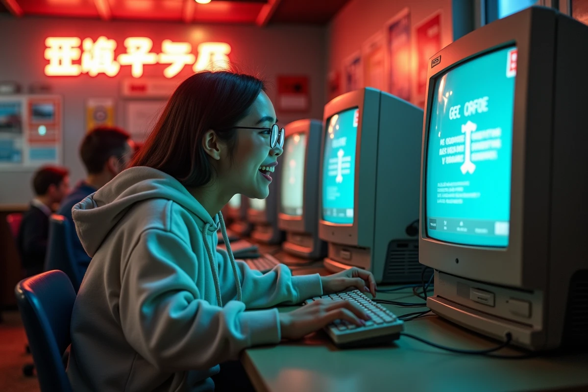 Jeune femme surprise dans un cybercafé rétro découvrant l'easter egg Do a Barrel Roll sur un ancien ordinateur