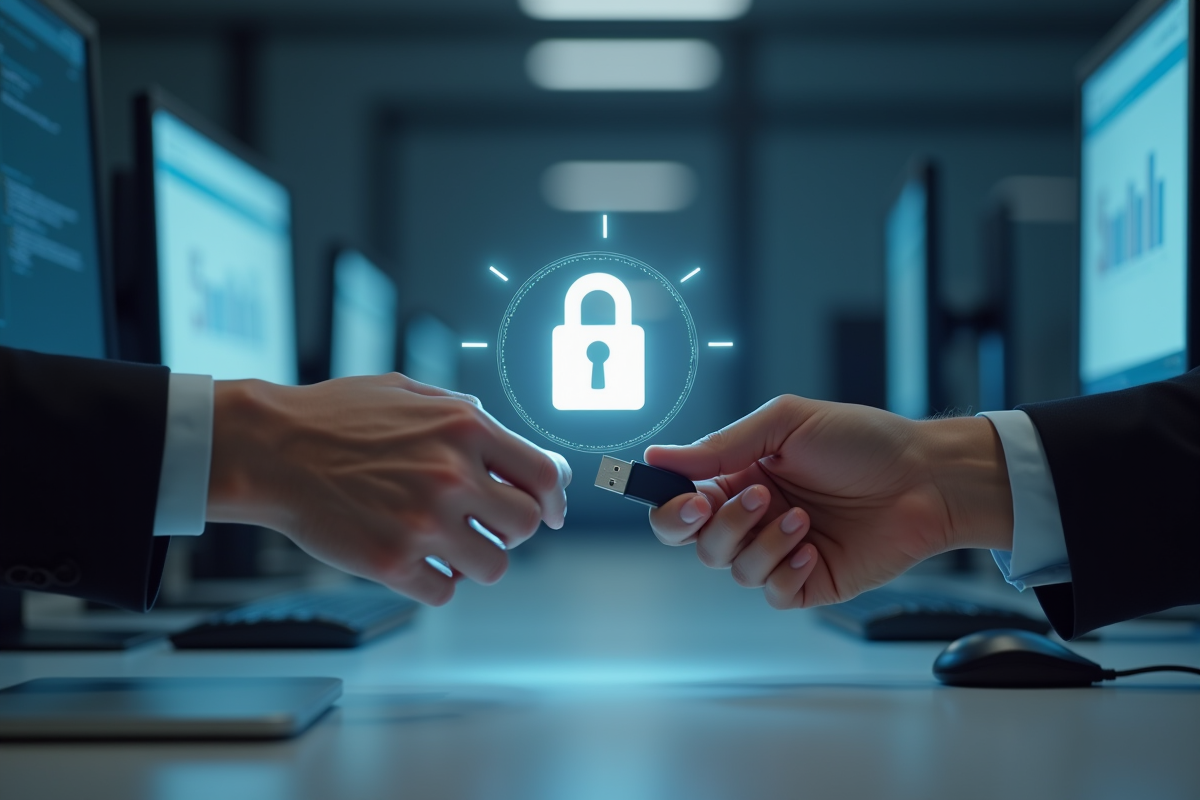 Deux mains échangeant une clé USB avec un hologramme de cadenas