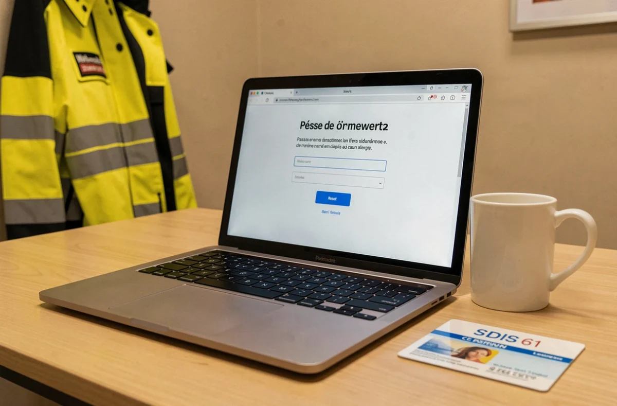 Écran d'ordinateur affichant la page de mot de passe oublié d'Artemis SDIS 61 posé sur un bureau de caserne de pompiers