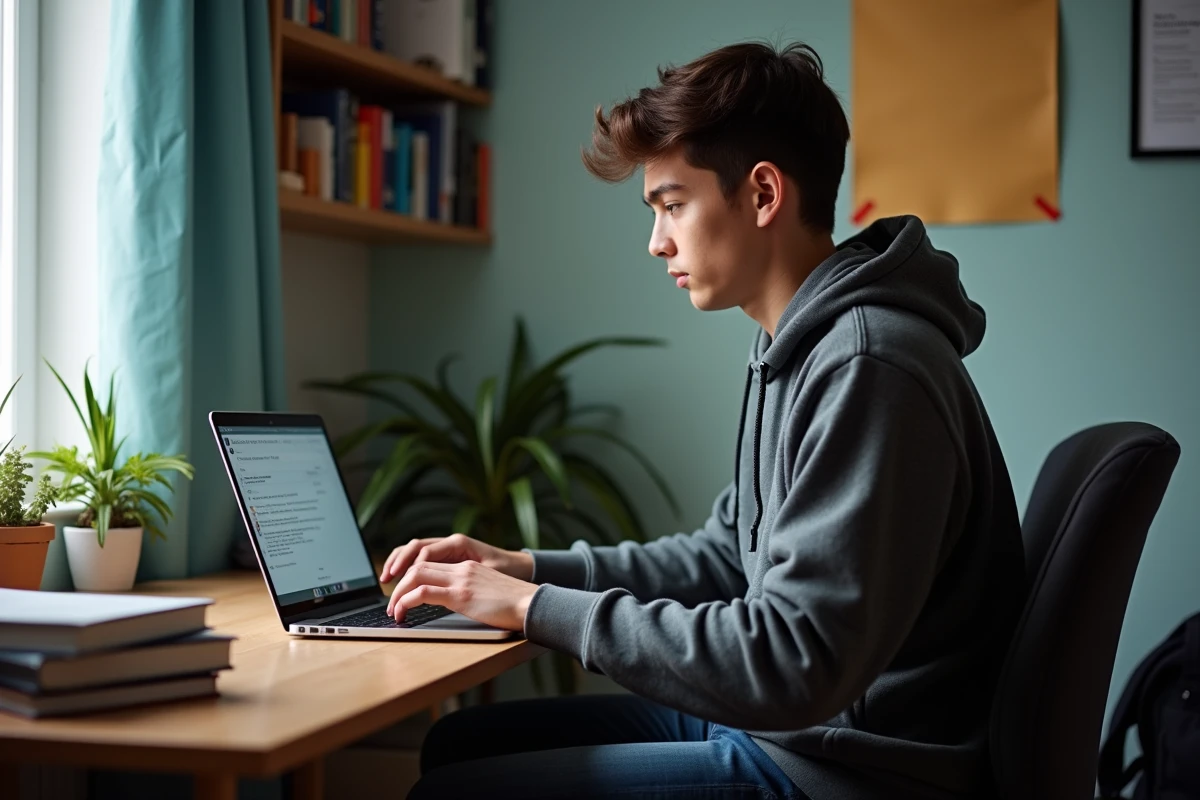 Lyceen en chambre vérifiant ses emails sur son ordinateur