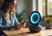 Enceinte intelligente avec lumière bleue sur une table moderne