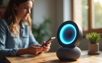 Conseils pour une connexion optimale entre Alexa et le Wi-Fi Enceinte intelligente avec lumière bleue sur une table moderne