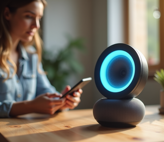 Enceinte intelligente avec lumière bleue sur une table moderne