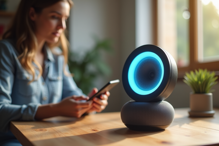 Enceinte intelligente avec lumière bleue sur une table moderne