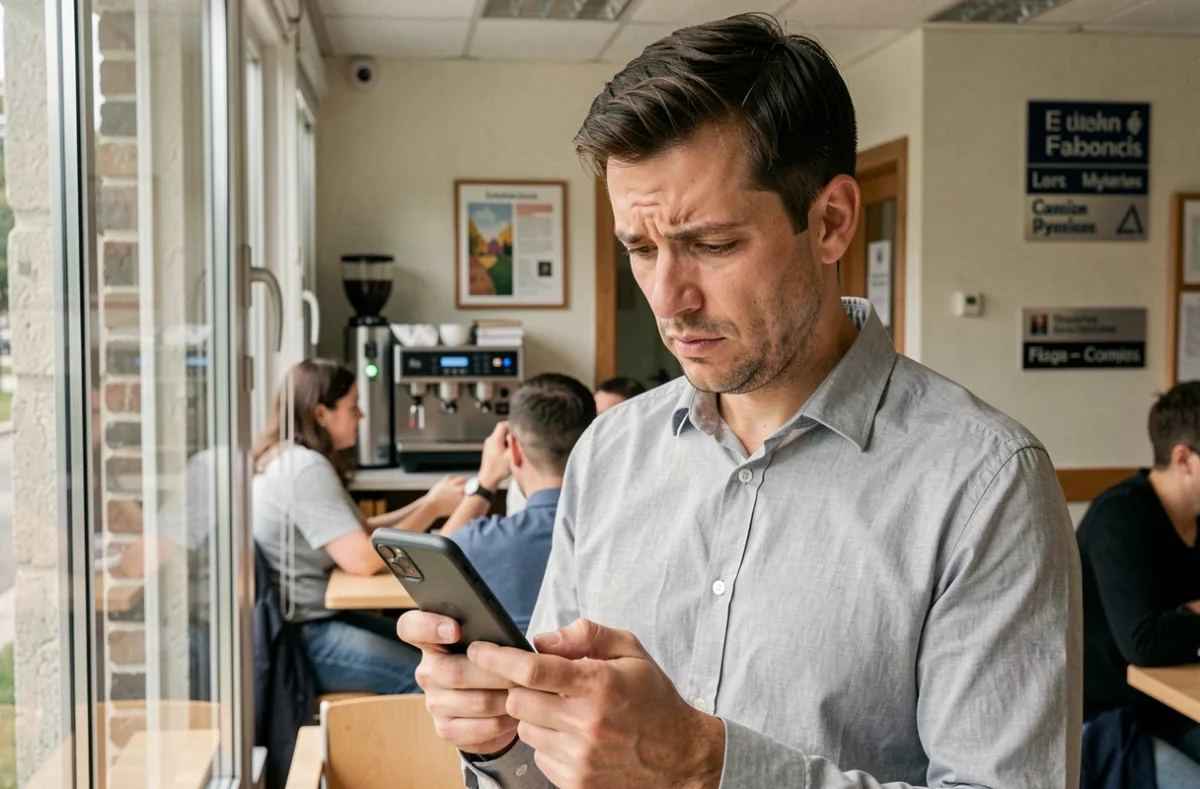 Enseignant vérifiant sa messagerie académique lente sur son smartphone dans une salle de repos universitaire