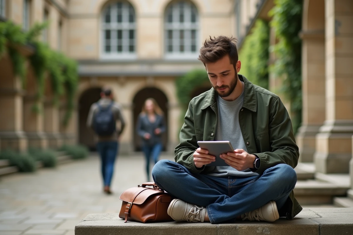Enseignant universitaire consultant ses emails académiques sur tablette dans la cour d'un établissement scolaire historique