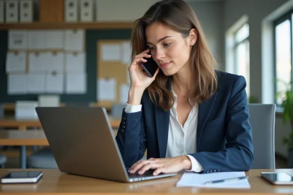 Jeune enseignante en bureau scolaire en gestion de transition