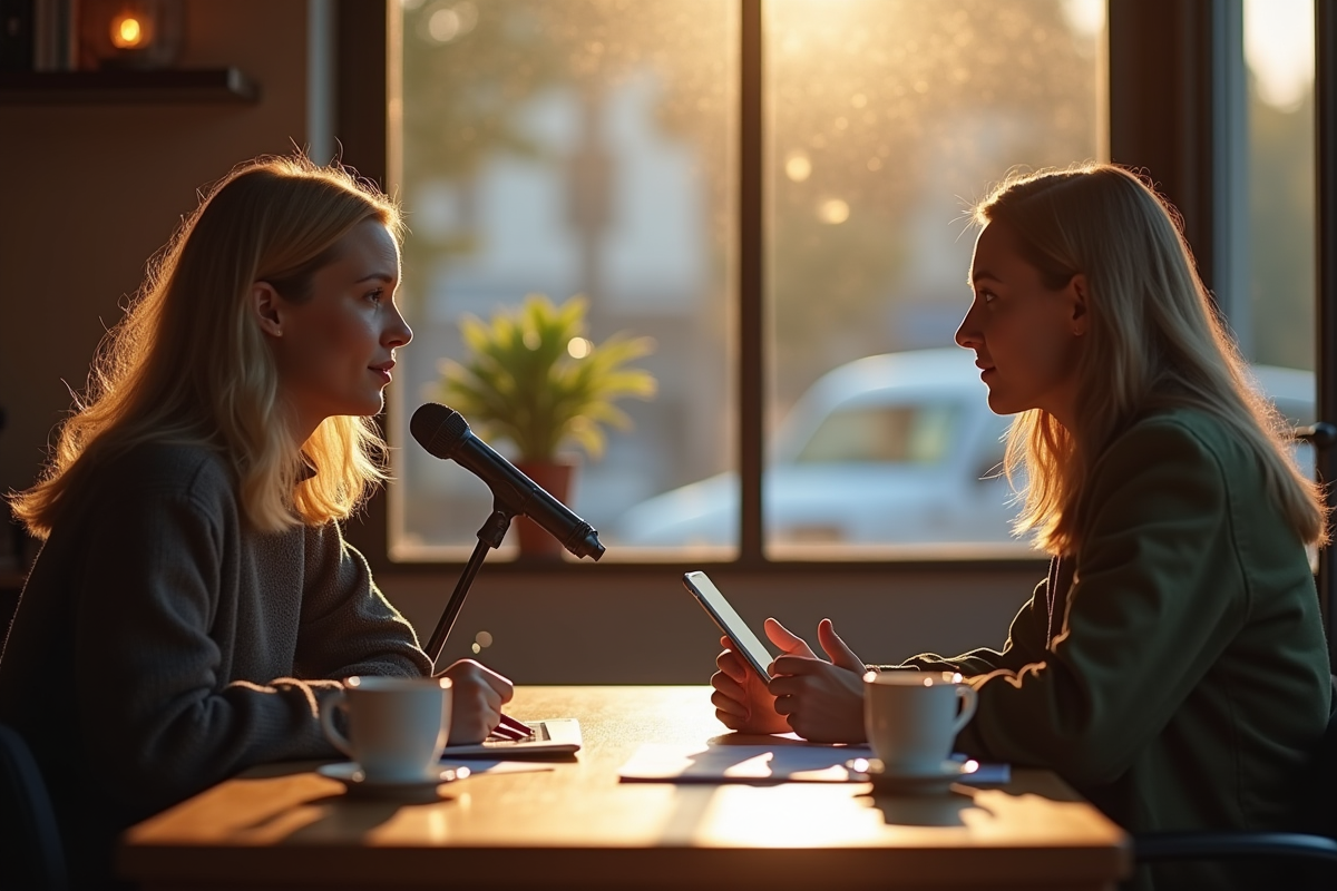 Deux personnes discutant dans un café avec microphone et tablette