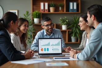 Groupe de professionnels en réunion autour d'un ordinateur pour le SEO