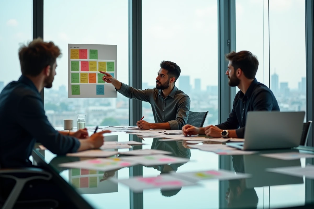 Équipe de développeurs discutant des features et user stories autour d'une table de réunion avec des post-its