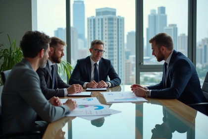 Groupe de professionnels discutant autour d'une table en ville