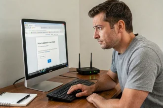 Homme frustré devant un écran d'erreur réseau sur un ordinateur de bureau avec un routeur en arrière-plan