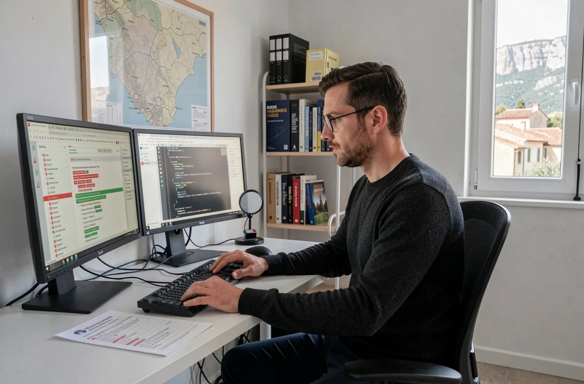 Auditeur technique masculin examinant un audit SEO technique et du code de développement web sur double écran dans un studio provençal soigné pour EscaladE-SEO
