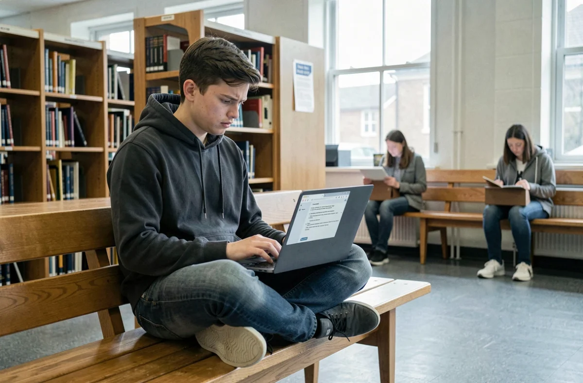 Étudiant consultant des solutions pour réparer sa boîte mail académique lente dans une bibliothèque universitaire