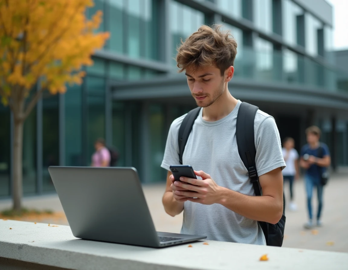 Étudiant comparant le Samsung Galaxy A25 et un ordinateur portable sur le campus universitaire