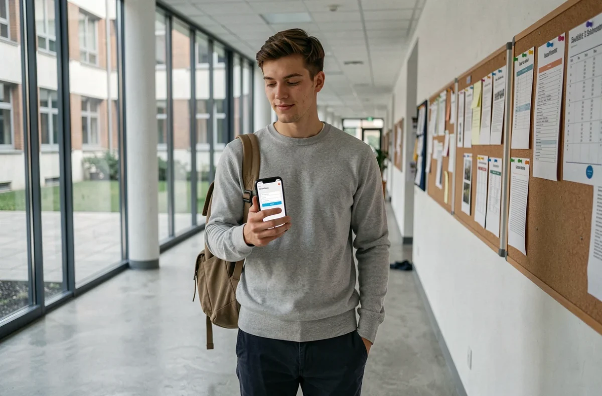 Étudiant consultant l'intranet de Lyon 3 sur son smartphone dans un couloir universitaire