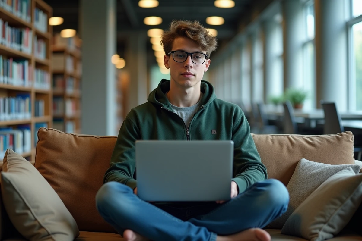 Étudiant configurant Thunderbird avec les paramètres IMAP Zimbra dans une bibliothèque universitaire moderne