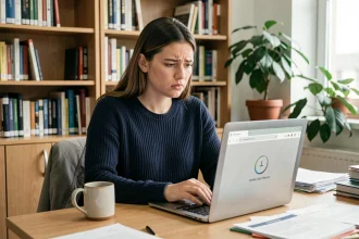 Étudiante frustrée devant son ordinateur avec la boîte mail académique qui charge lentement