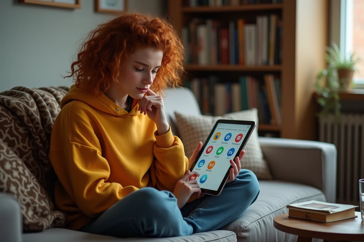 Étudiante choisissant un navigateur web sur une tablette depuis son canapé dans un appartement étudiant