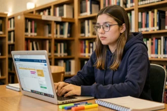 Étudiante connectée à l'intranet Lyon 3 sur son ordinateur portable dans une bibliothèque universitaire