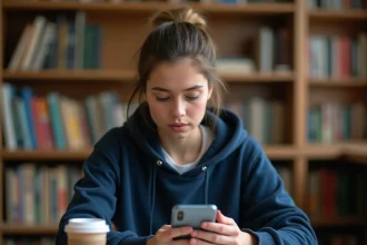 Étudiante utilisant un Samsung Galaxy A25 dans une bibliothèque universitaire pour prendre des notes