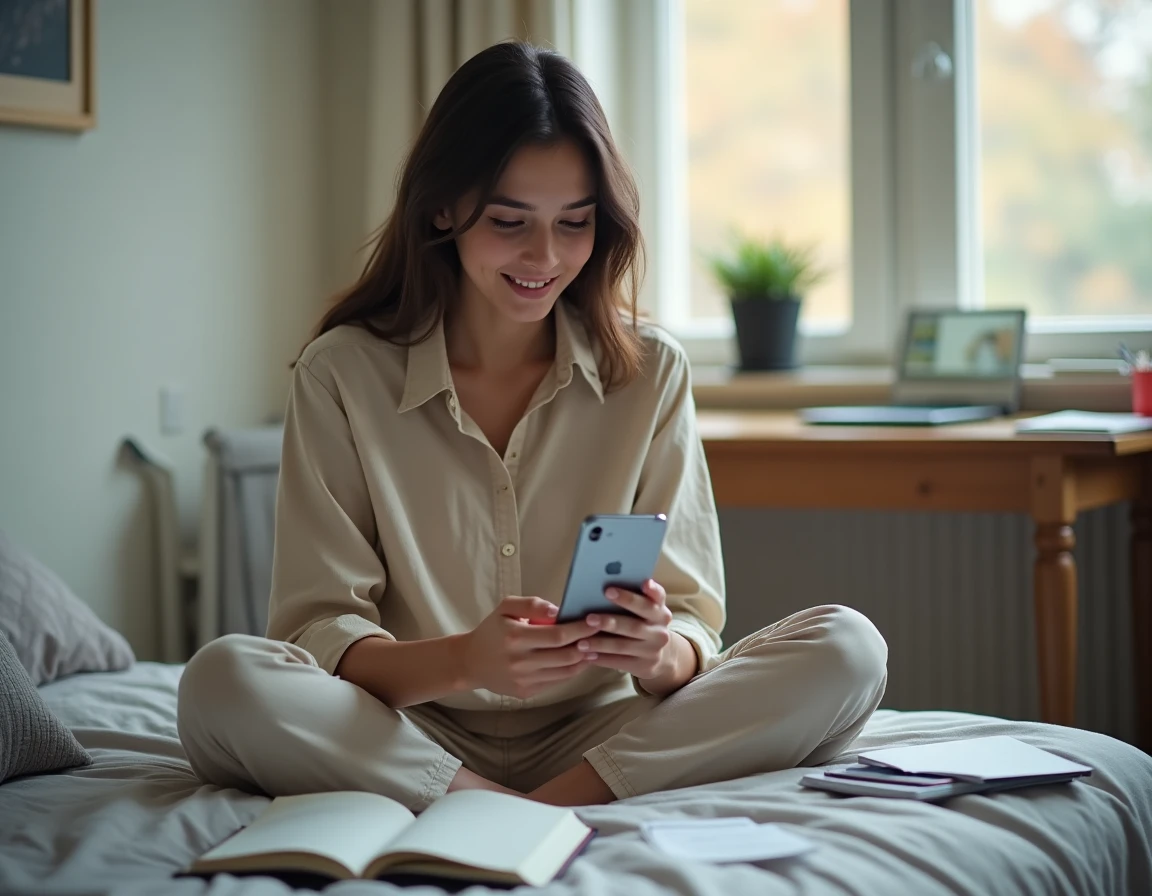 Étudiante en appel vidéo avec son Samsung Galaxy A25 dans sa chambre d'appartement étudiant