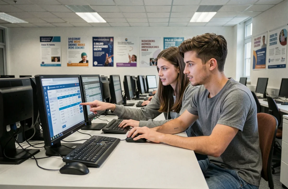 Deux étudiants explorant ensemble l'intranet de l'université Lyon 3 dans une salle informatique