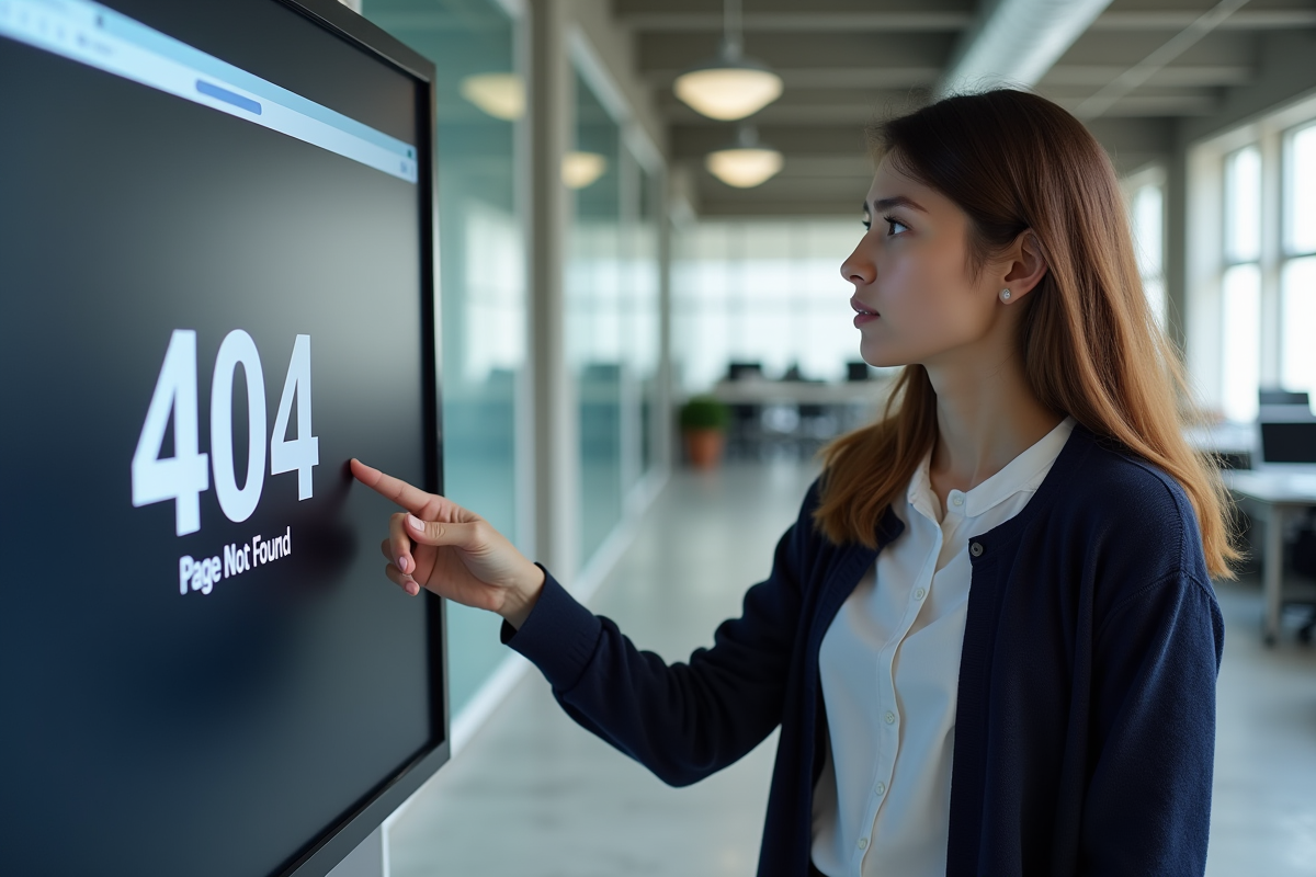 Femme pointant un message d erreur 404 dans un espace de travail lumineux