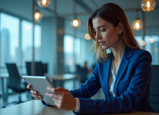 Jeune femme d'affaires regardant une tablette avec icônes blockchain
