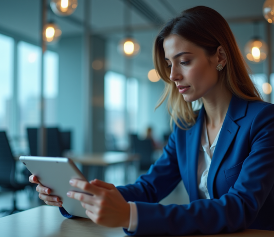 Blockchain : définition, fonctionnement et avantages de cette technologie révolutionnaire Jeune femme d'affaires regardant une tablette avec icônes blockchain