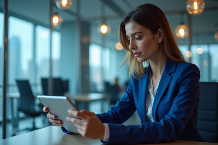 Jeune femme d'affaires regardant une tablette avec icônes blockchain