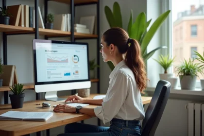 Femme concentrée analysant des données SEO dans son bureau