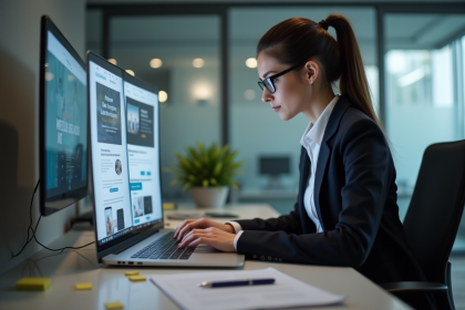 Jeune femme professionnelle analysant deux sites web