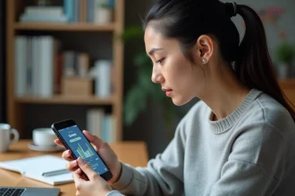 Femme analysant des données de conversion Go en Mo sur un smartphone dans un bureau à domicile moderne