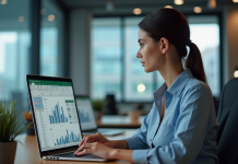 Femme d'affaires concentrée analysant des feuilles Excel