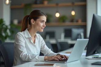 Femme au bureau regardant son ordinateur portable