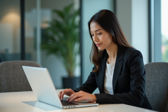 Femme d'affaires compare deux interfaces email au bureau