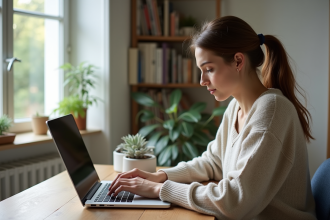 Jeune femme au bureau regarde un document scanne sur son ordinateur