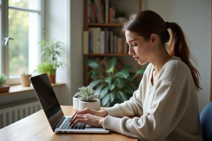 Jeune femme au bureau regarde un document scanne sur son ordinateur