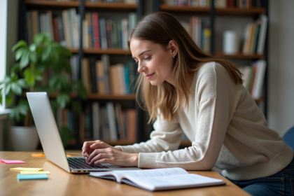 Femme assise à un bureau à domicile travaillant sur son ordinateur