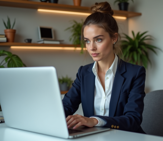 Jeune femme au bureau vérifiant un site sécurisé sur son ordinateur